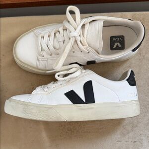 Veja White Leather Sneakers with Black V Accents